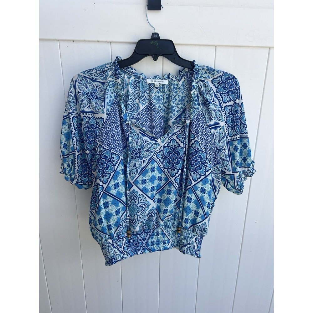 Rose + Olive Boho Top, Small Blue Short Sleeve Elastic Waist Tie Neck